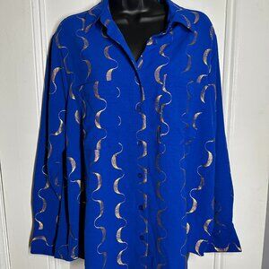 Harvé Bernard Blue Blouse with Gold Print Pockets NWT Size L